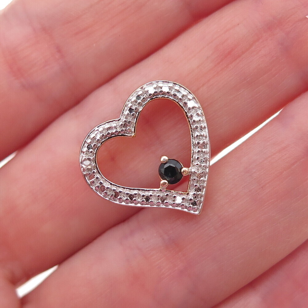 925 Sterling Silver 2-Tone Real Diamond & Sapphire Heart Slide Charm Pendant
